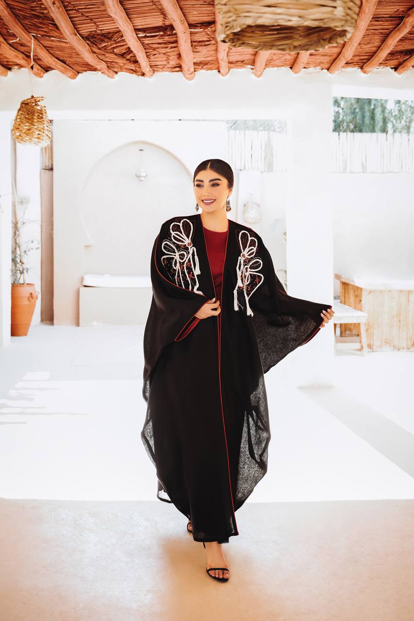 Abaya made of burlap fabric, black , with embroidery C:6612 (Free size)