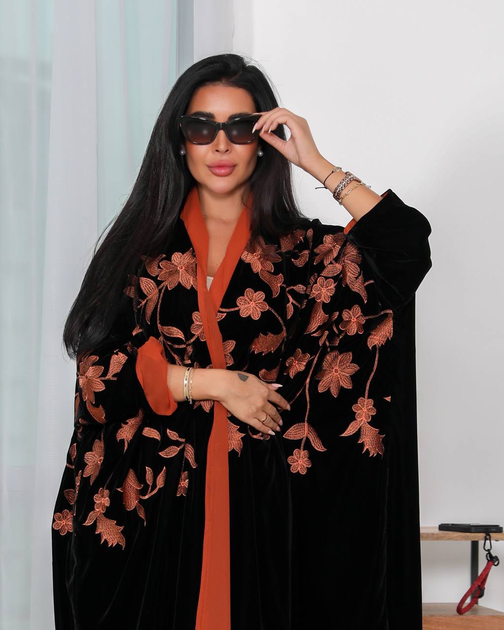 Black Besht Abaya with Orange Embroidered 6340 (Free size)