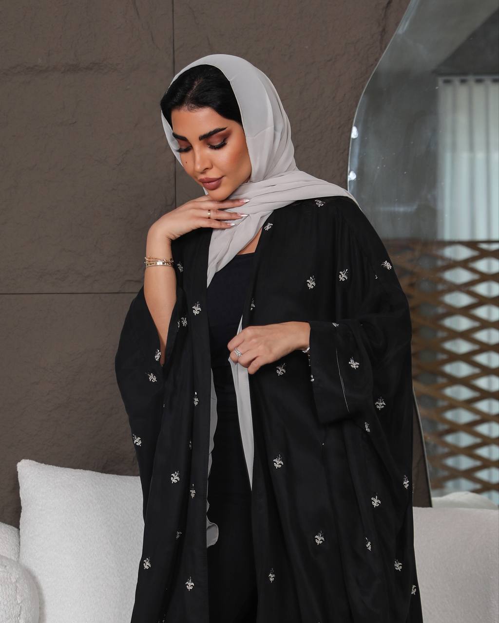 Light beige silk crepe abaya with embroidery C:6387 (Free size)