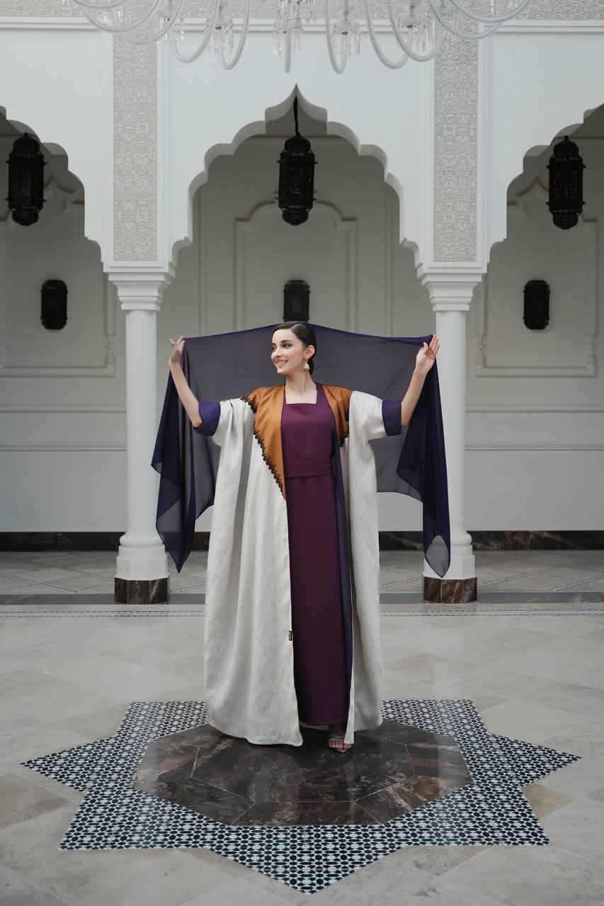 Linen abaya with satin in light beige color C:6599 (Free size)