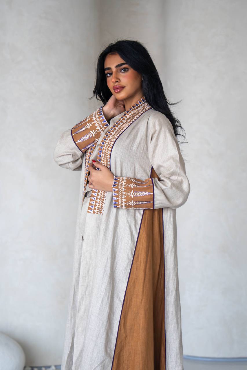 Linen abaya in light beige with embroidery C:6588 Light Beige
