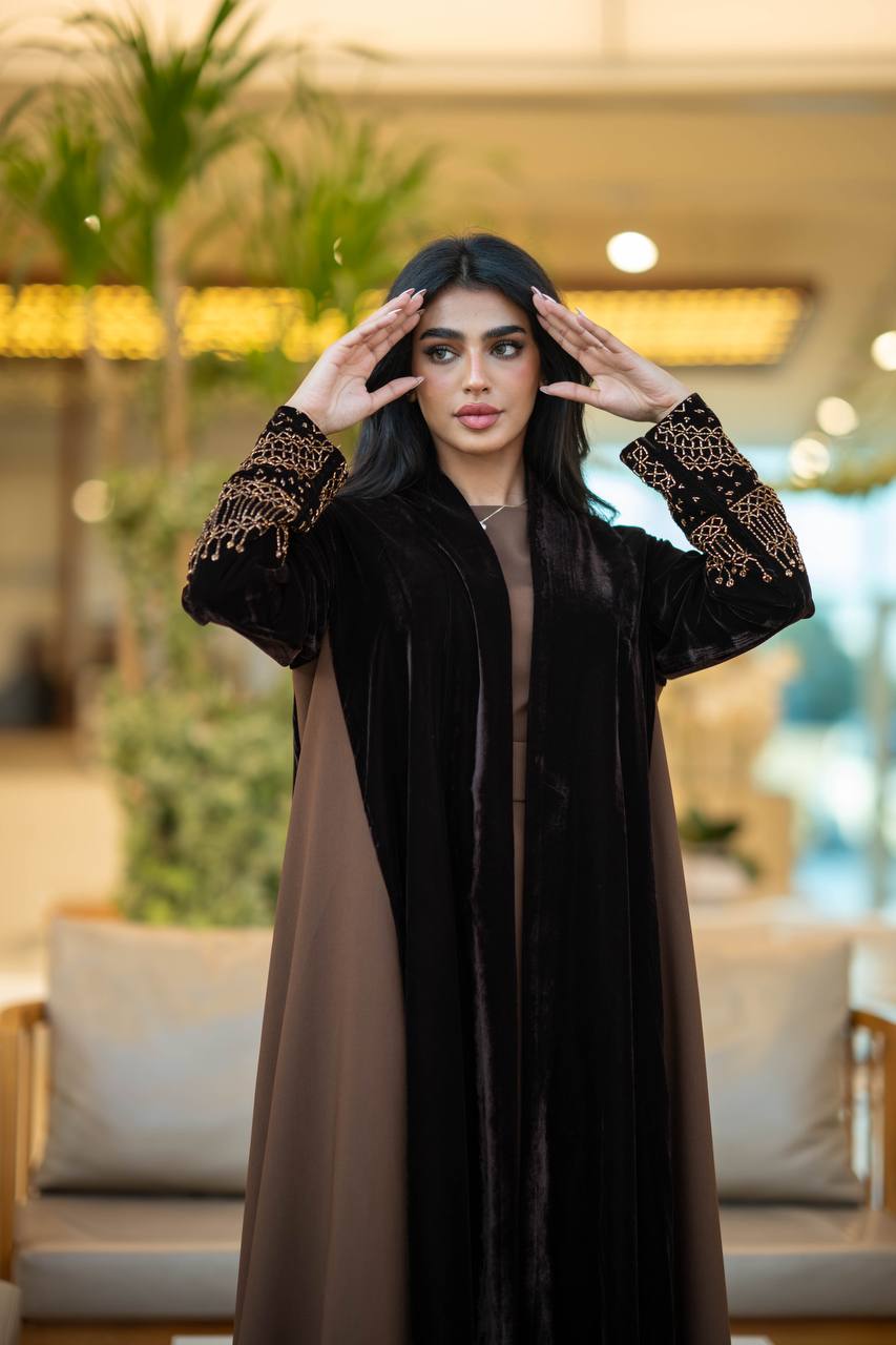 Black velvet abaya with brown crepe 6579