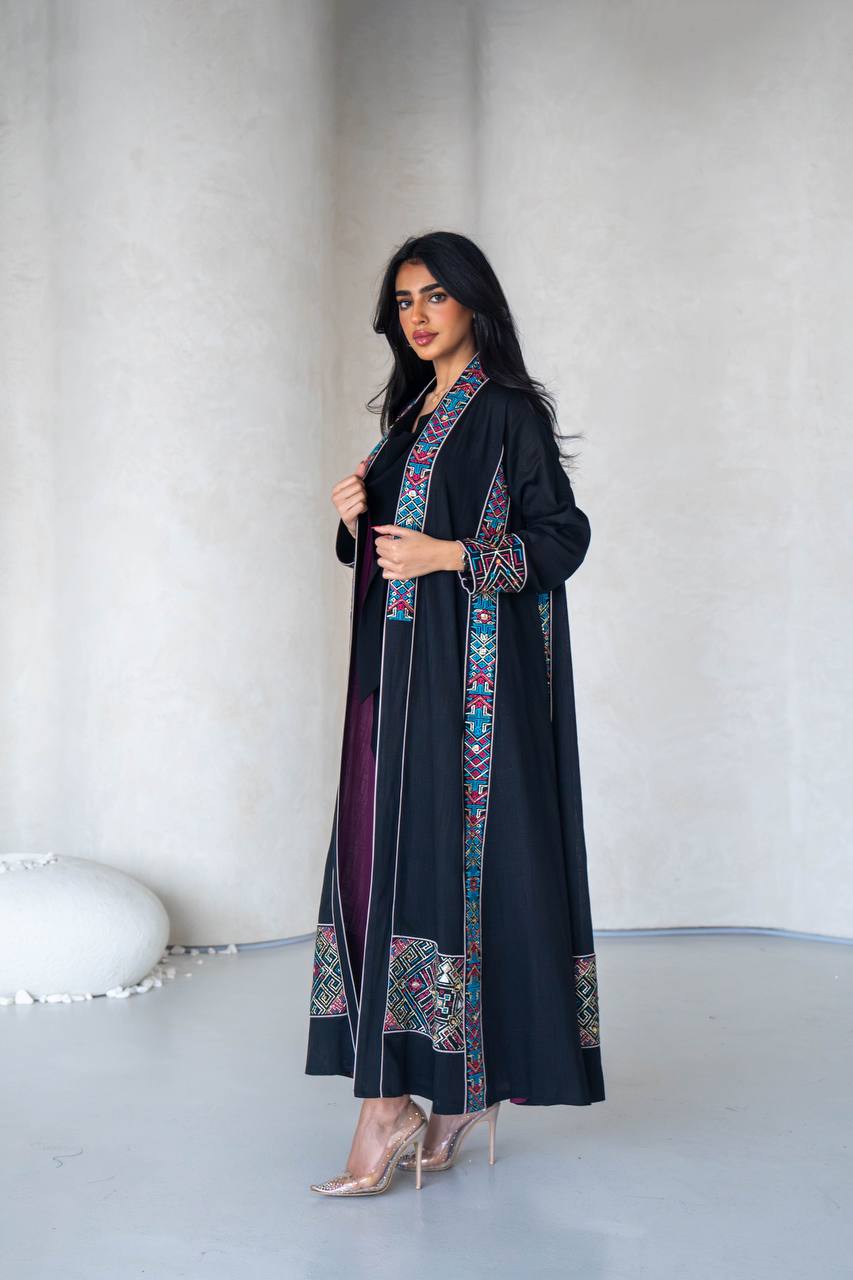 Linen abaya in black with embroidery C:6589 Black