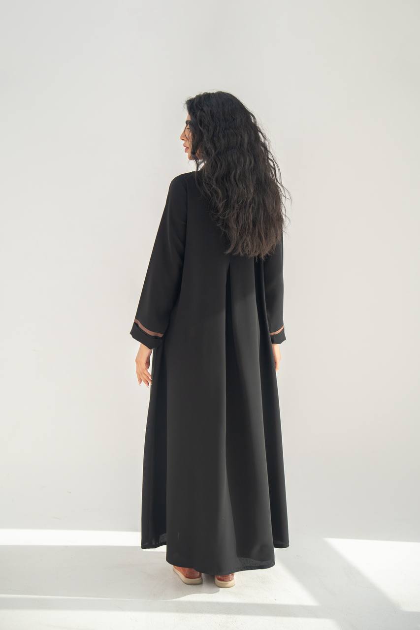 Black crepe blazer abaya with brown details C:6636 Black Crape
