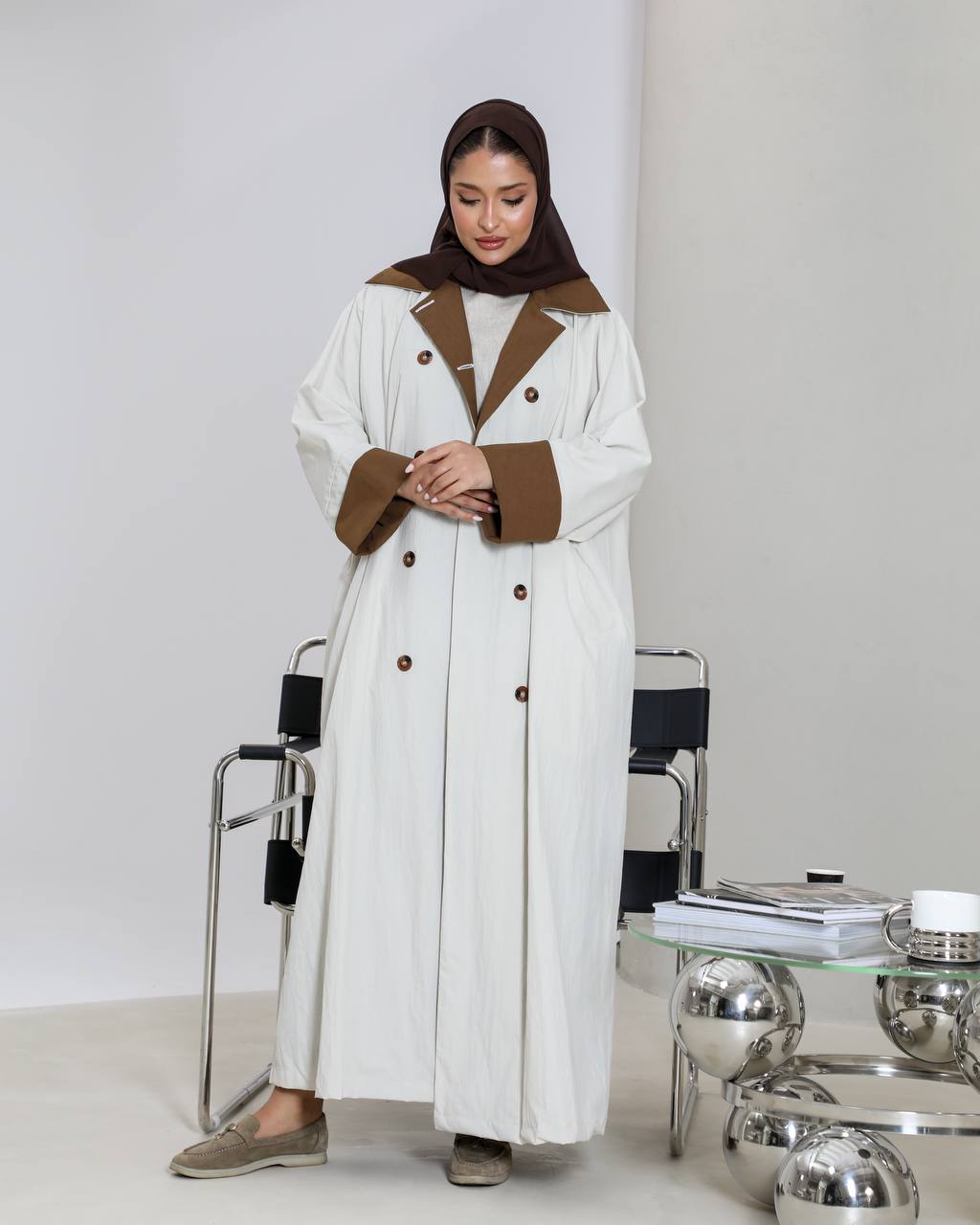 Free size trench coat, beige with brown details C:6656 Beige