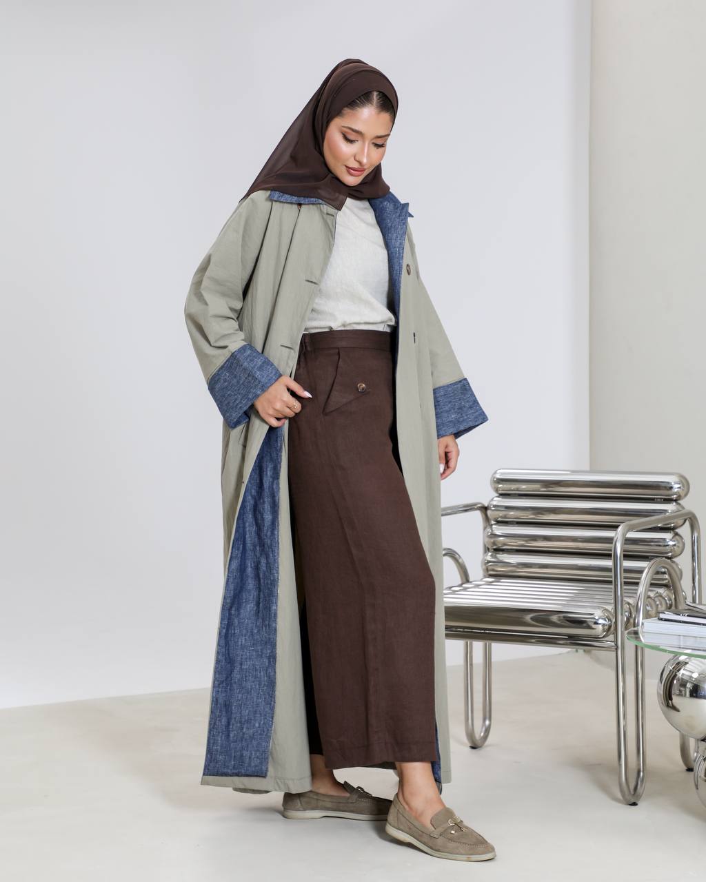 Free size trench coat, in pistachio color with denim details C:6656