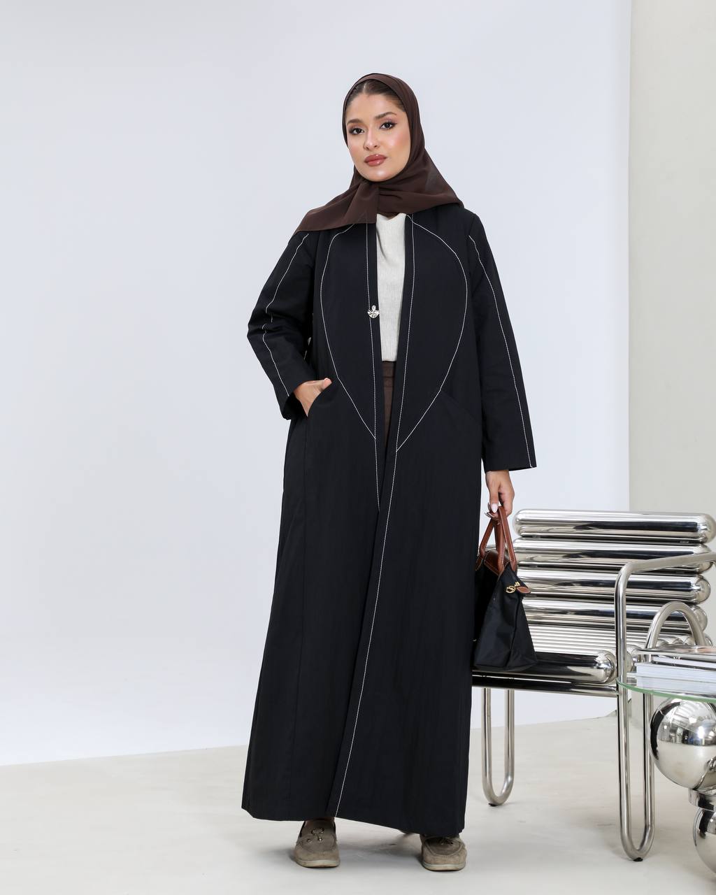 Black trench coat with white embroidery details C:6655
