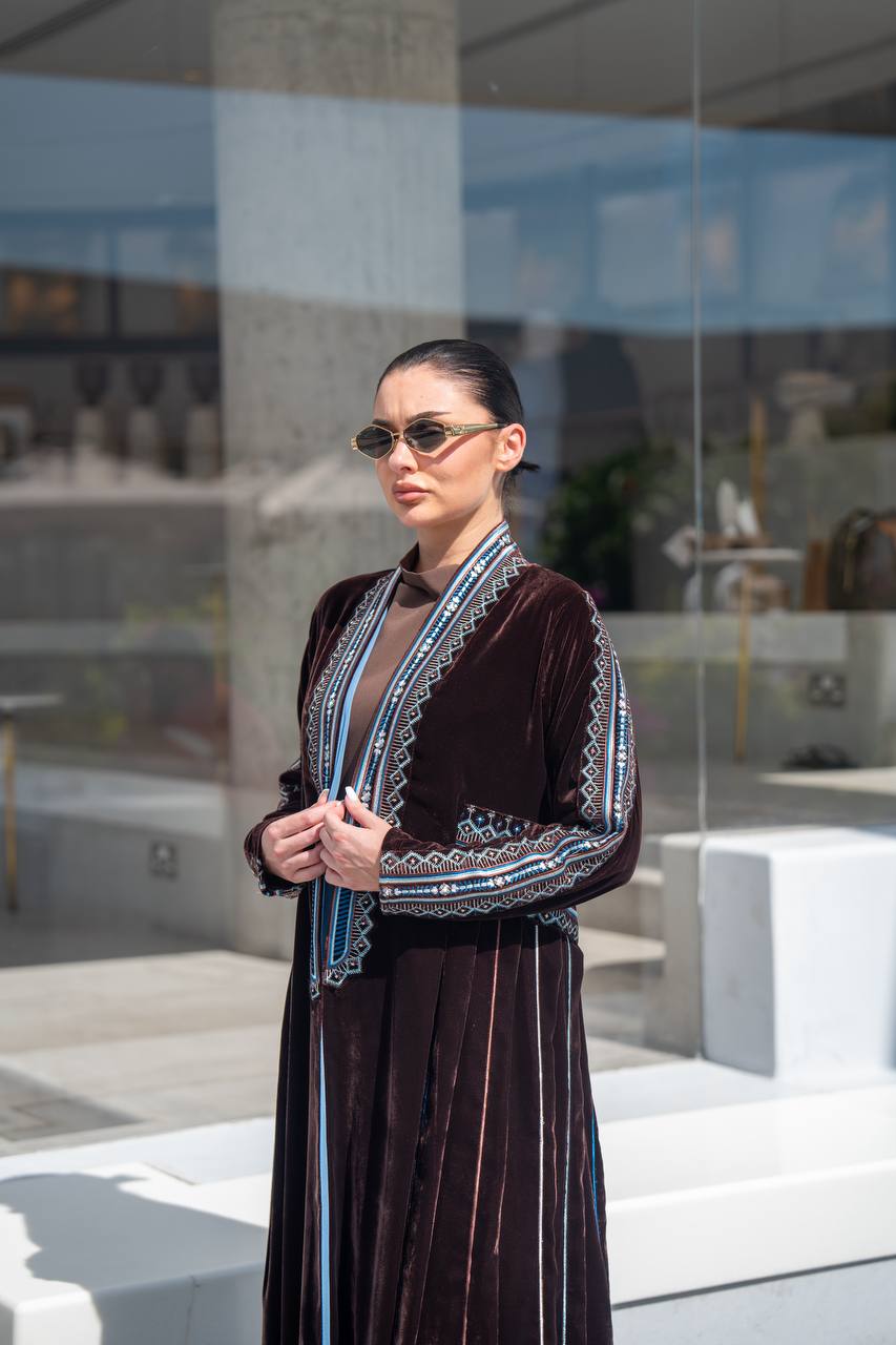 Brown velvet abaya with embroidery.C:6702