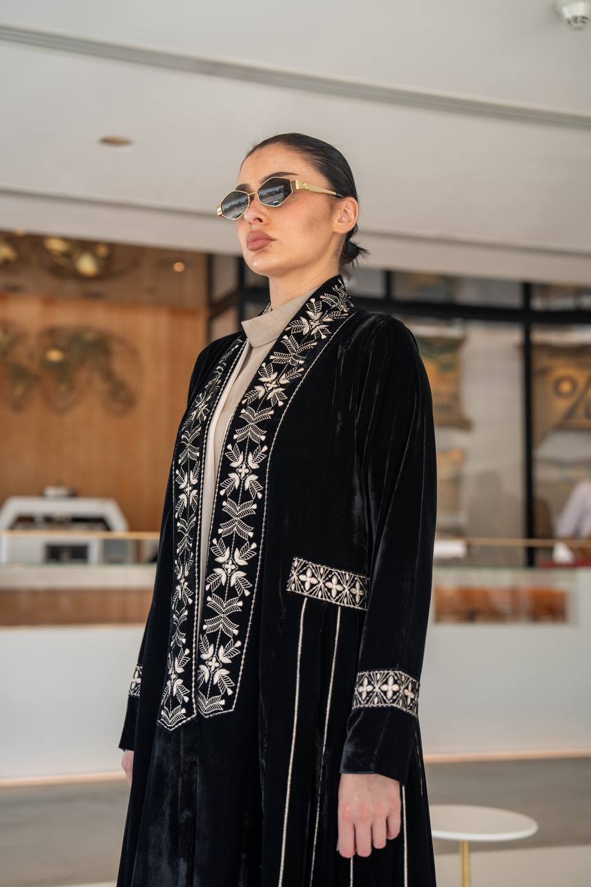 Black velvet abaya with embroidery.C:6700