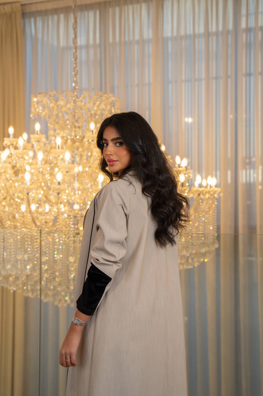 Beige crepe abaya with black velvet.C:6704