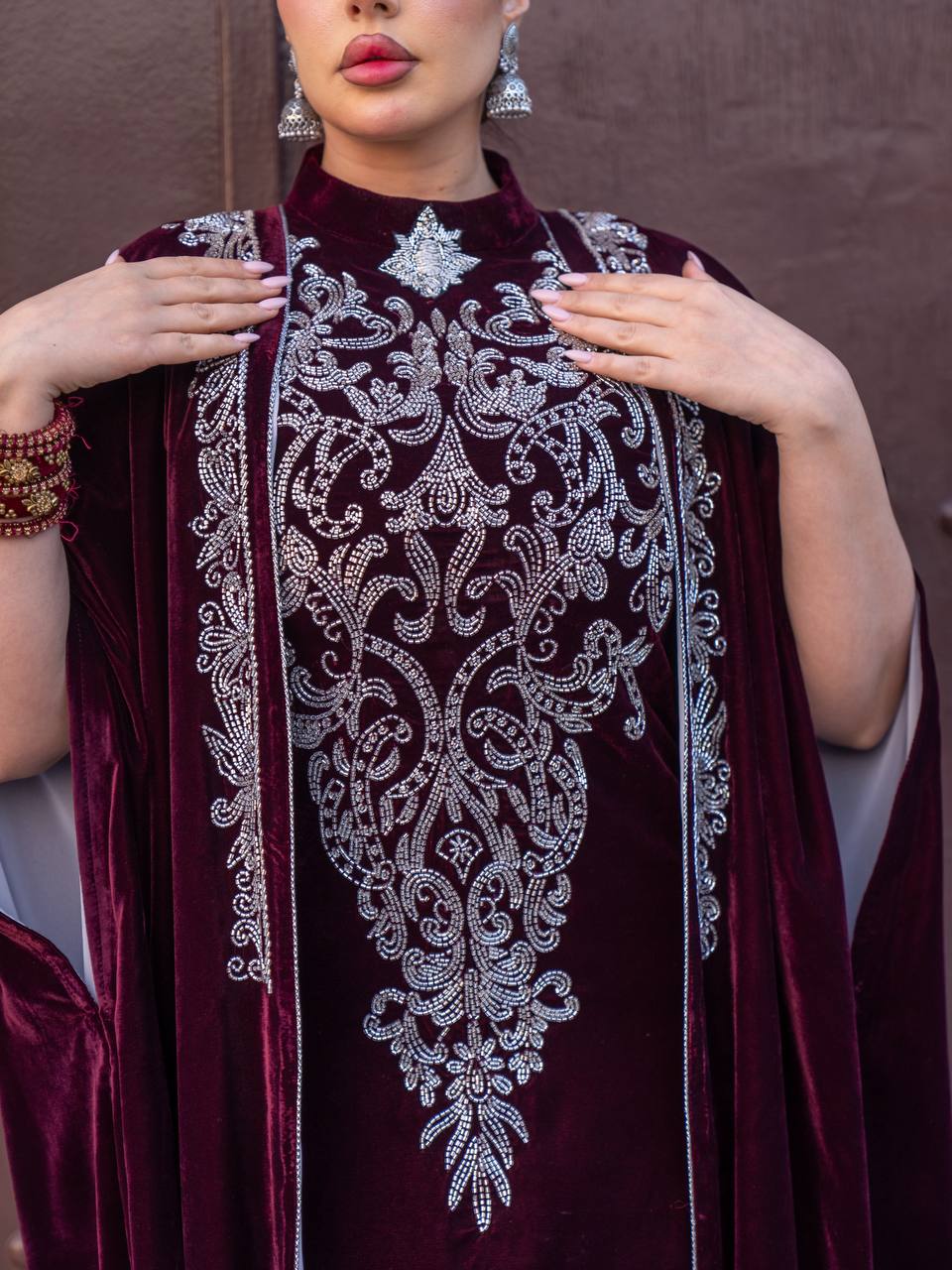 Burgundy velvet abaya and dress set. C:6731