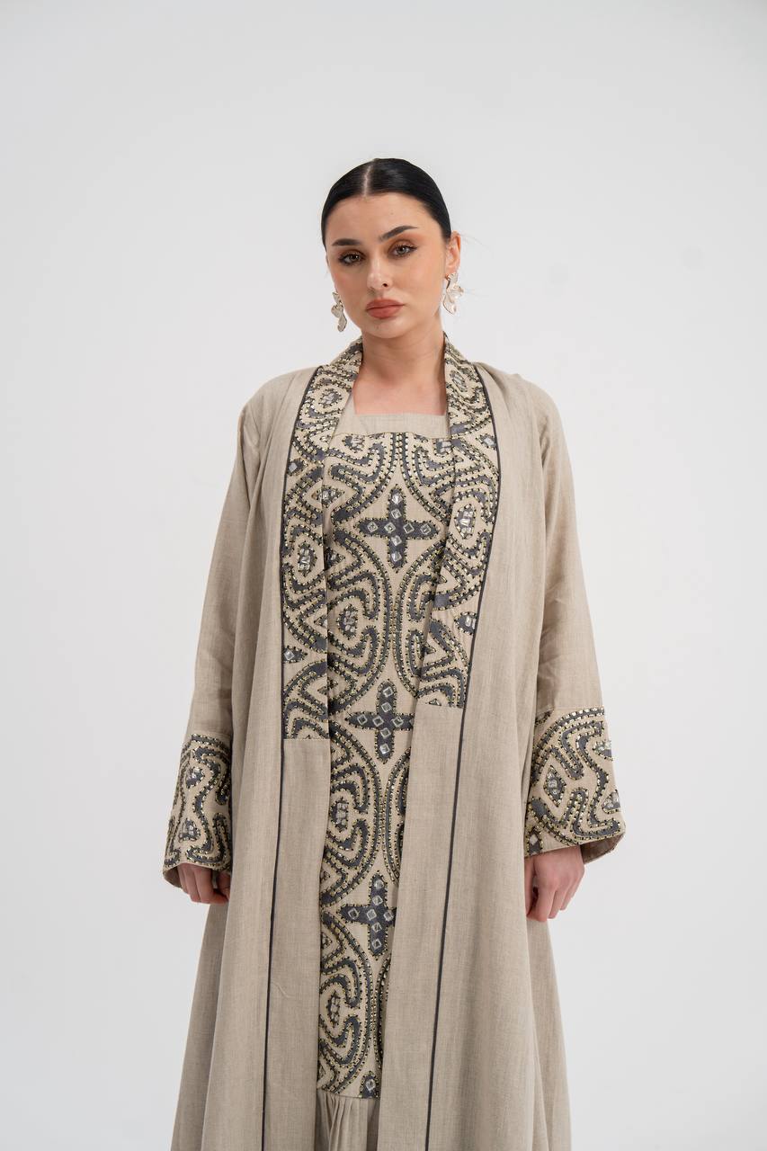 Abaya and dress set, linen with embroidery. C:6741
