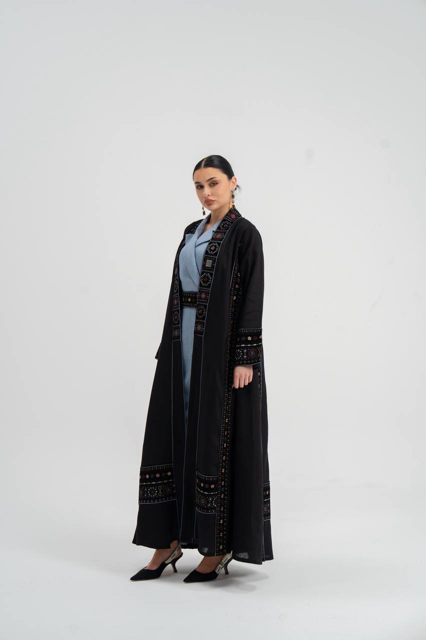 Linen abaya in black with embroidery.C:6746