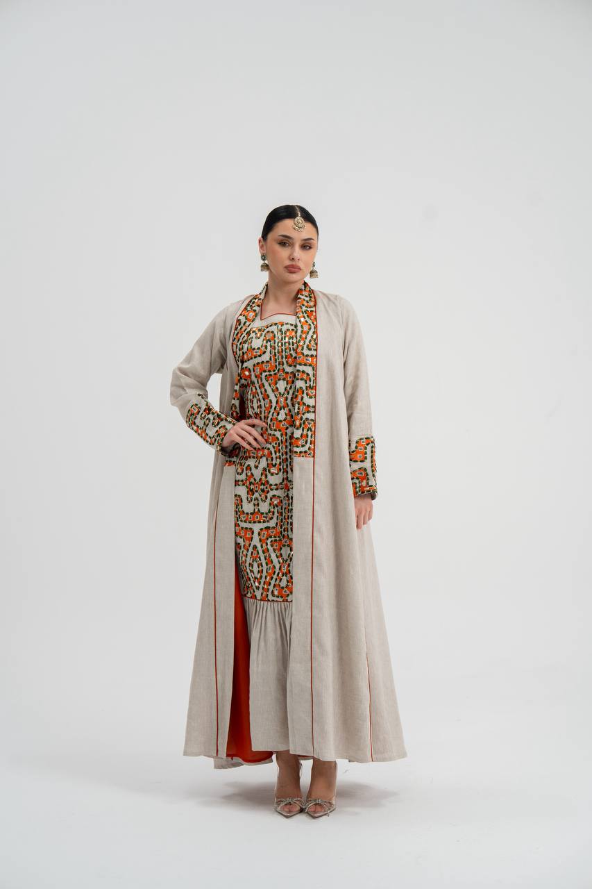 Abaya and dress set, light beige linen with embroidery. C:6743