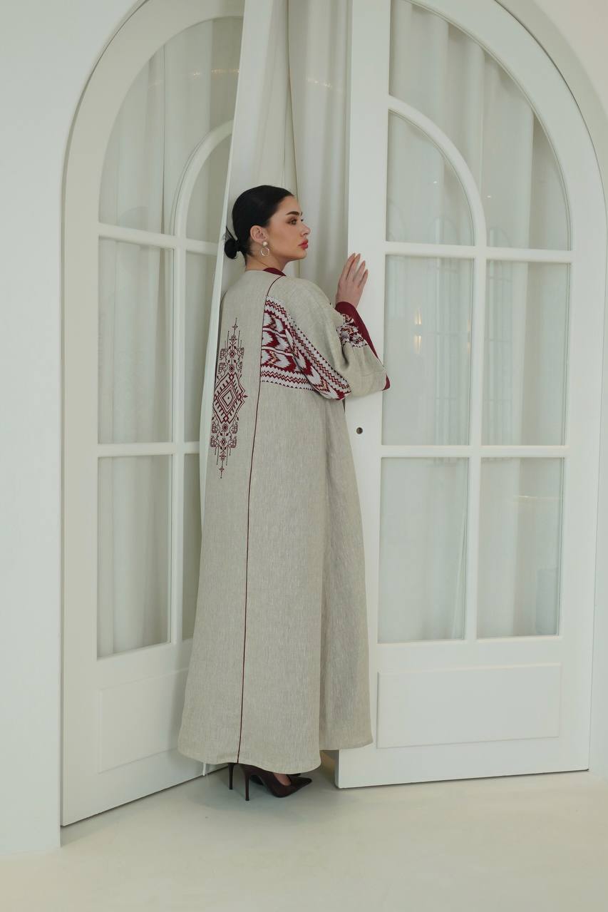 Beige linen abaya with embroidery. C:6757