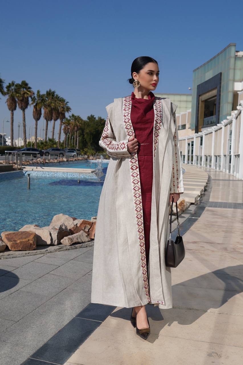 Beige linen abaya with embroidery. C:6758