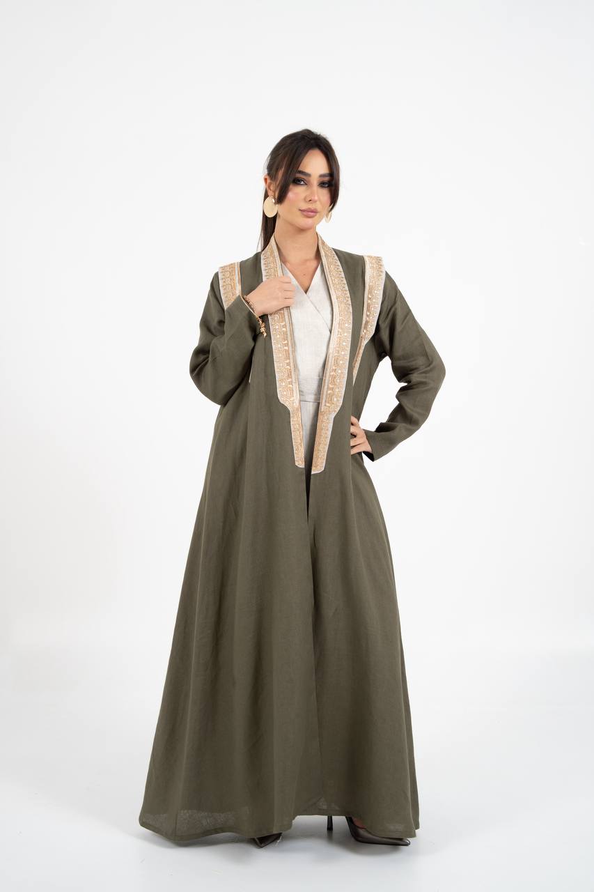 Linen abaya in olive green with embroidery. C:6762