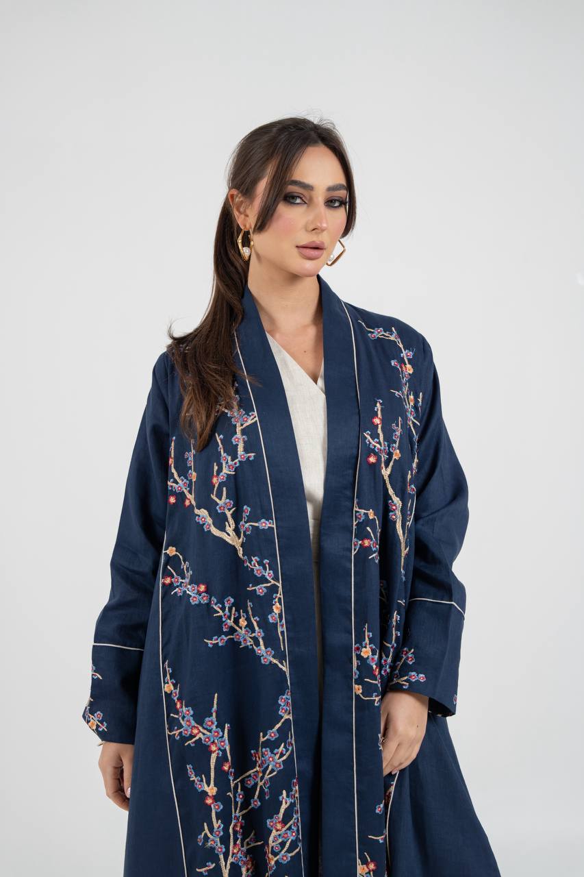 Linen abaya in navy blue with embroidery. C:6760 Blue