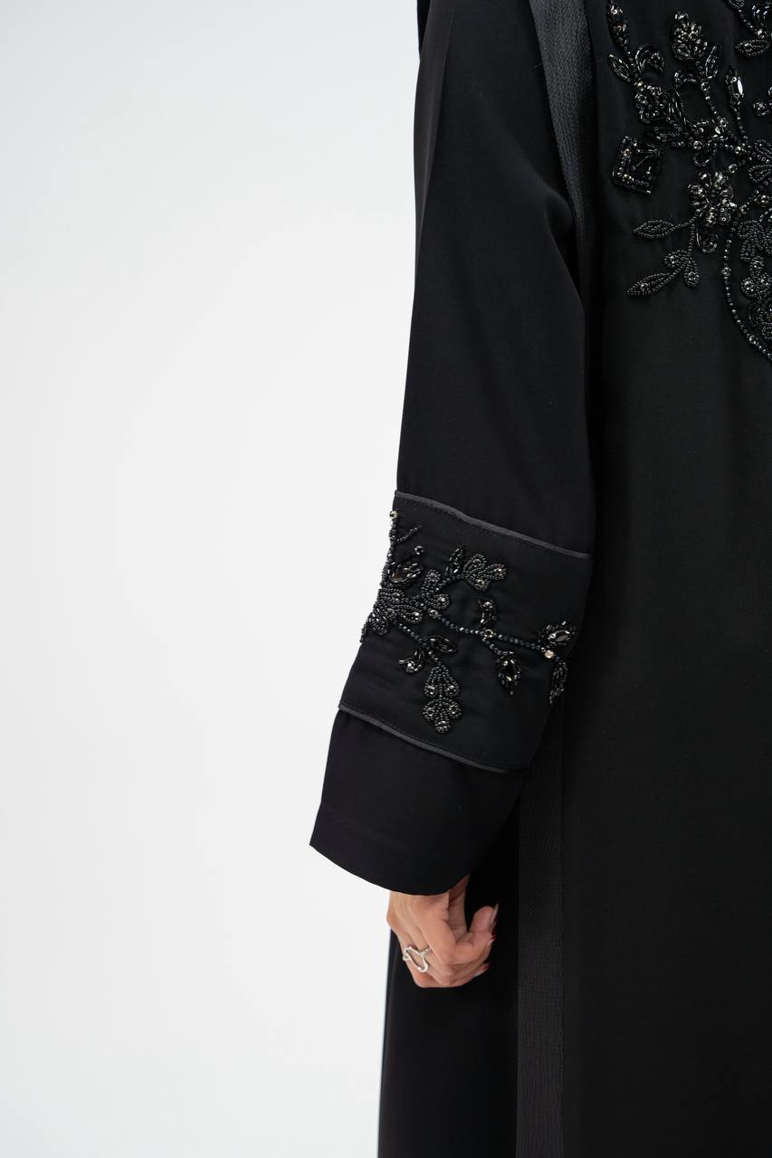 Black crepe fabric abaya with satin. C: 6755 black crepe
