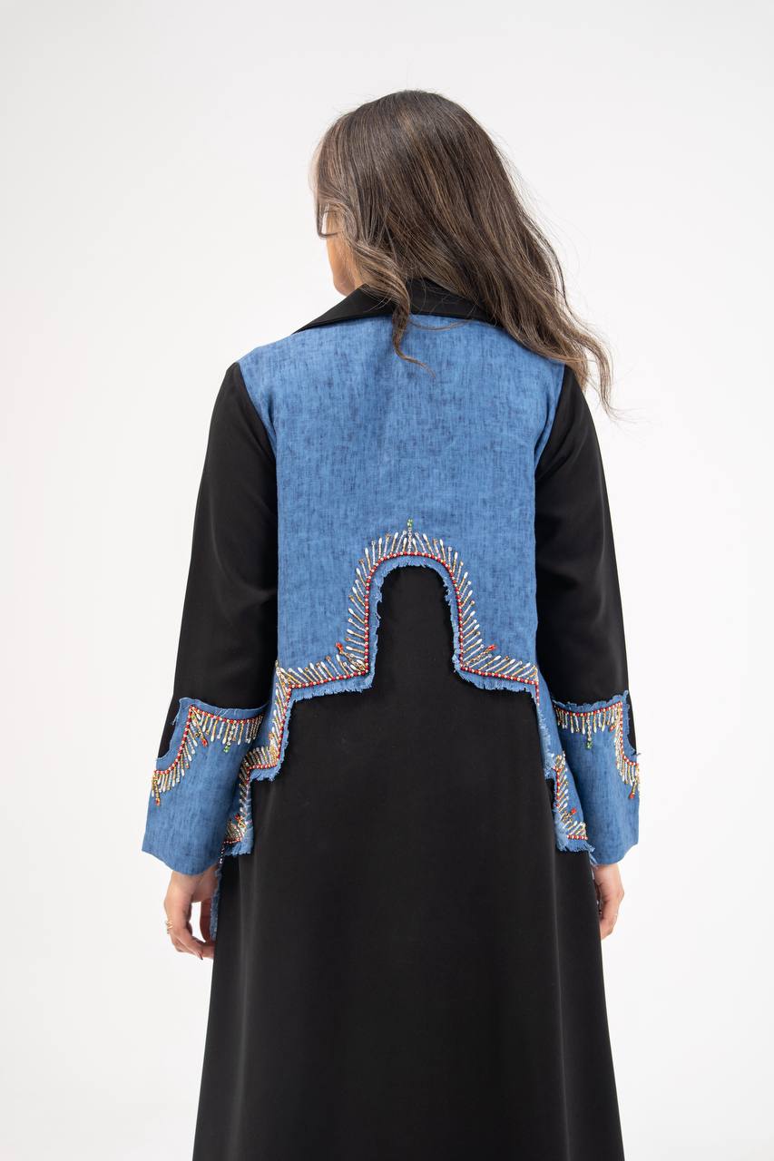 Black crepe blazer abaya with hand-stitched details. C:6771