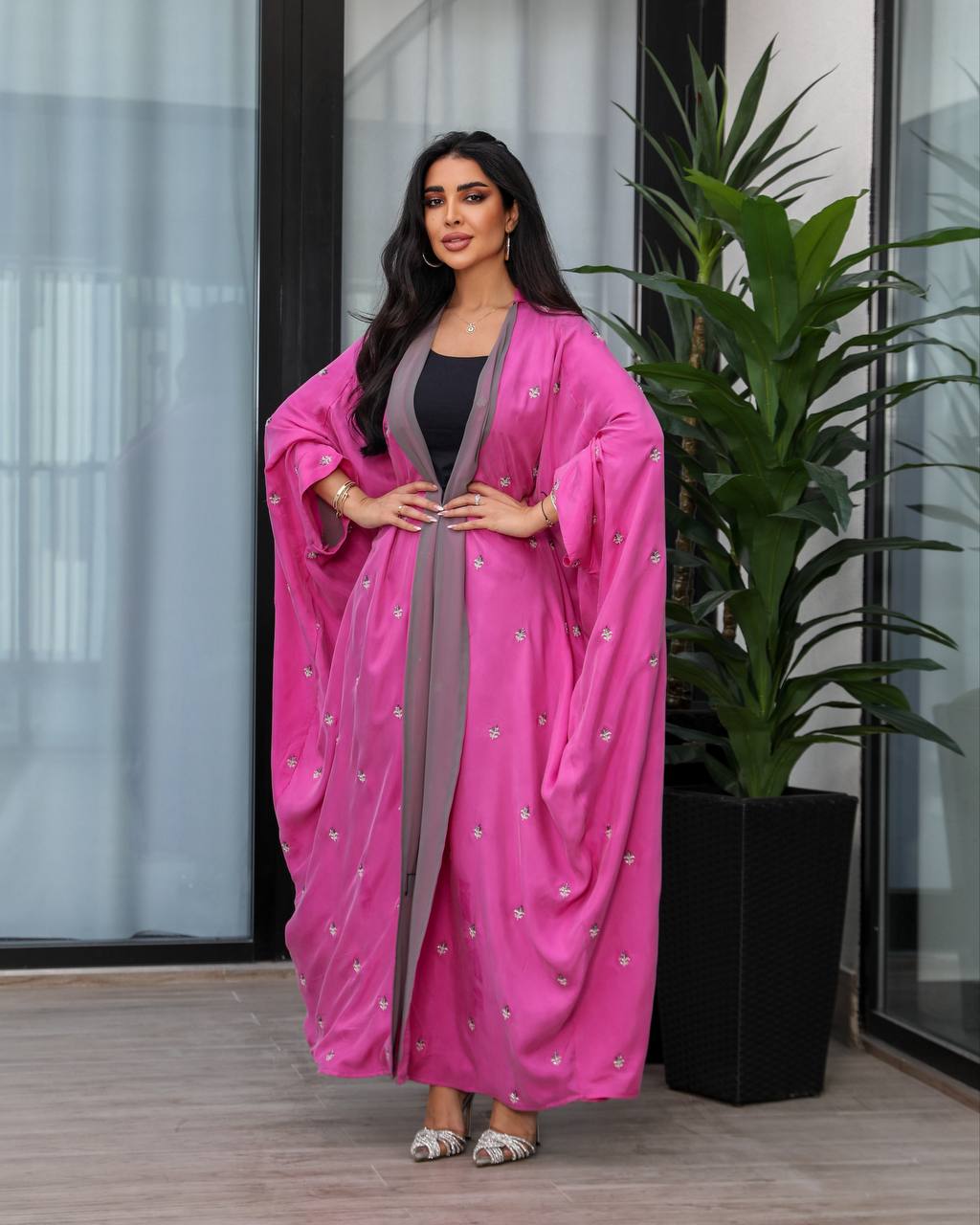 Pink silk crepe abaya with hand embroidery and beading. C:6387
