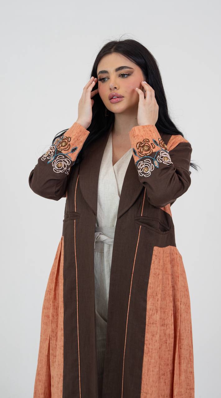 Linen abaya in brown and orange with hand-beading. C:6781