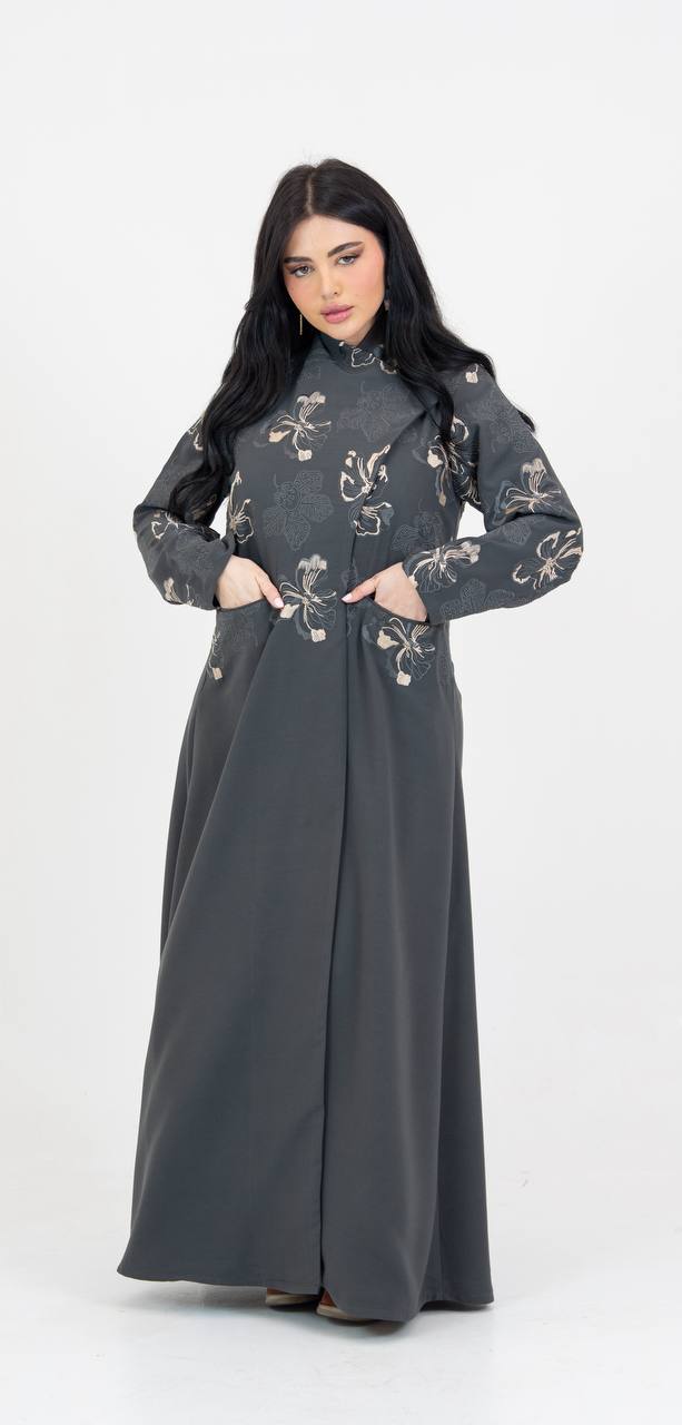 Crepe abaya in gray with embroidery. C:6765