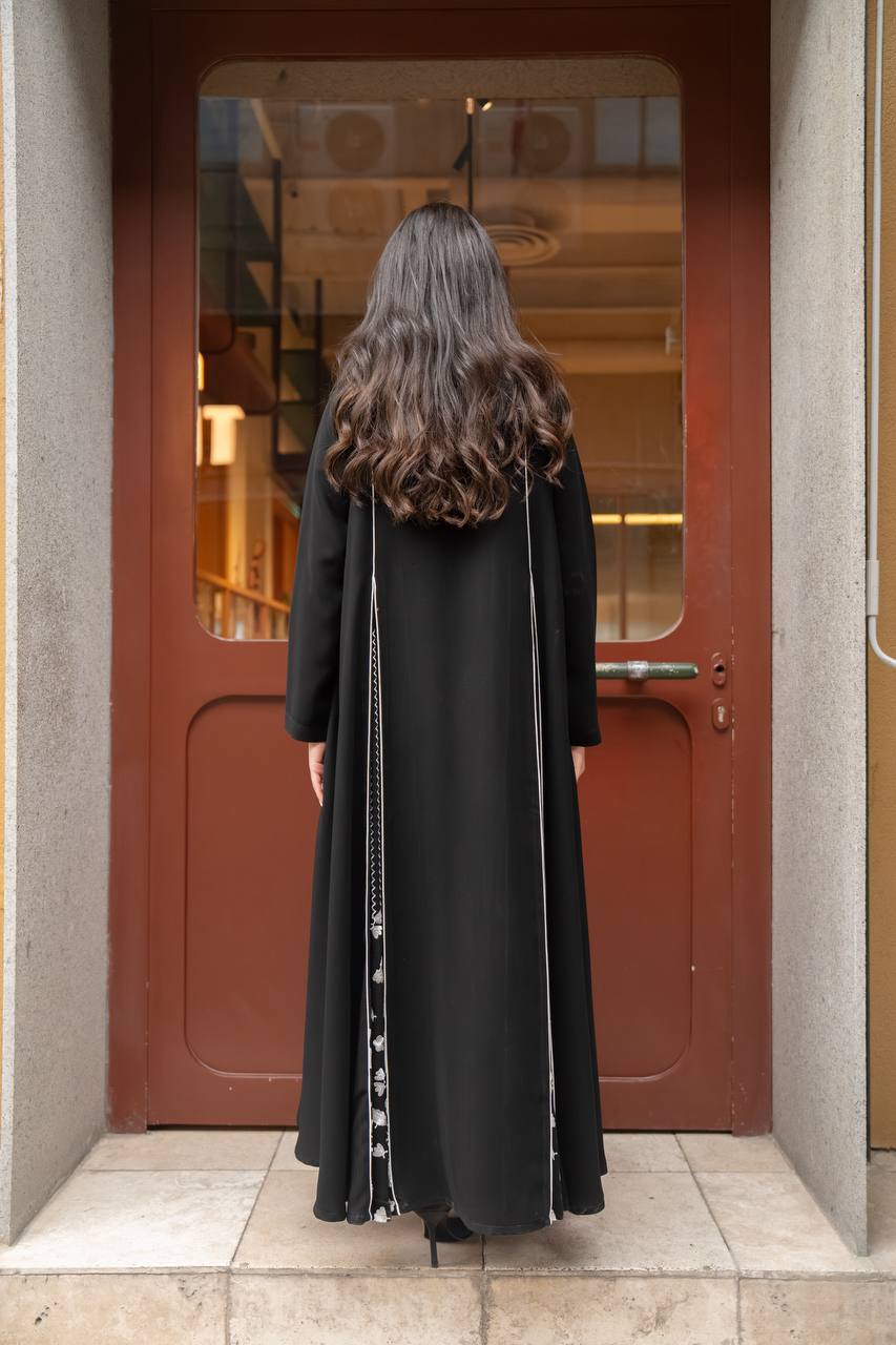 Black crepe abaya with white embroidery. C:6770
