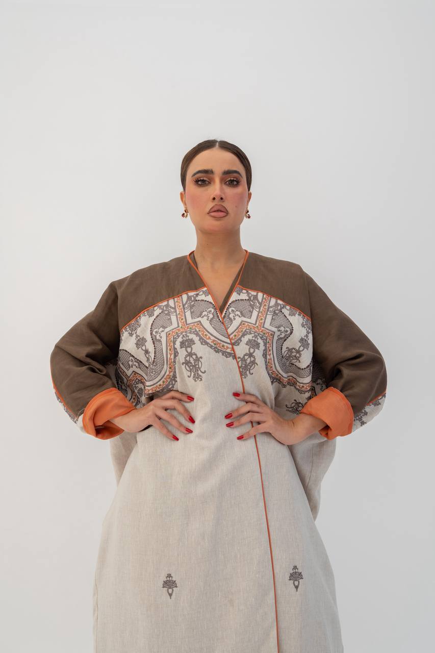 Beige linen abaya with embroidery. C:6785