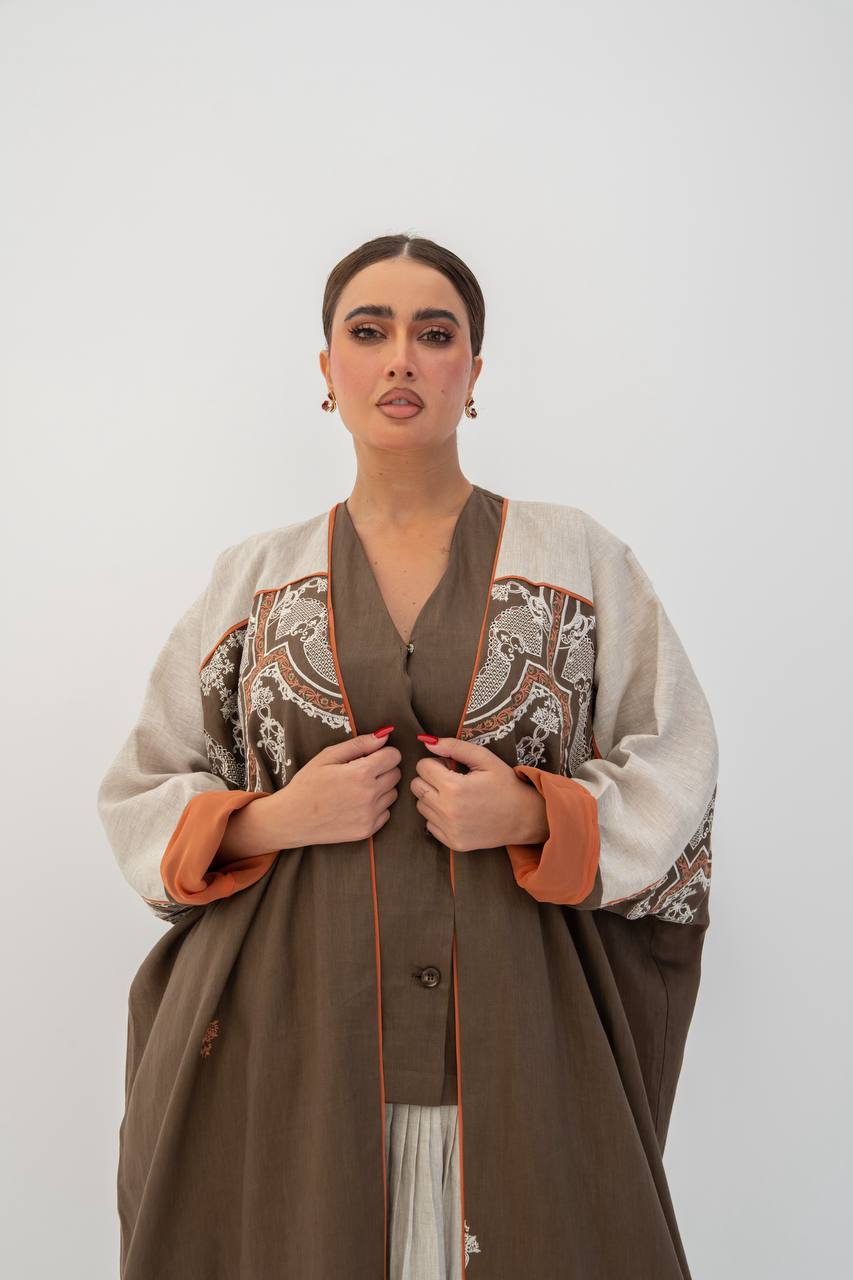 Brown linen abaya with embroidery. C:6785