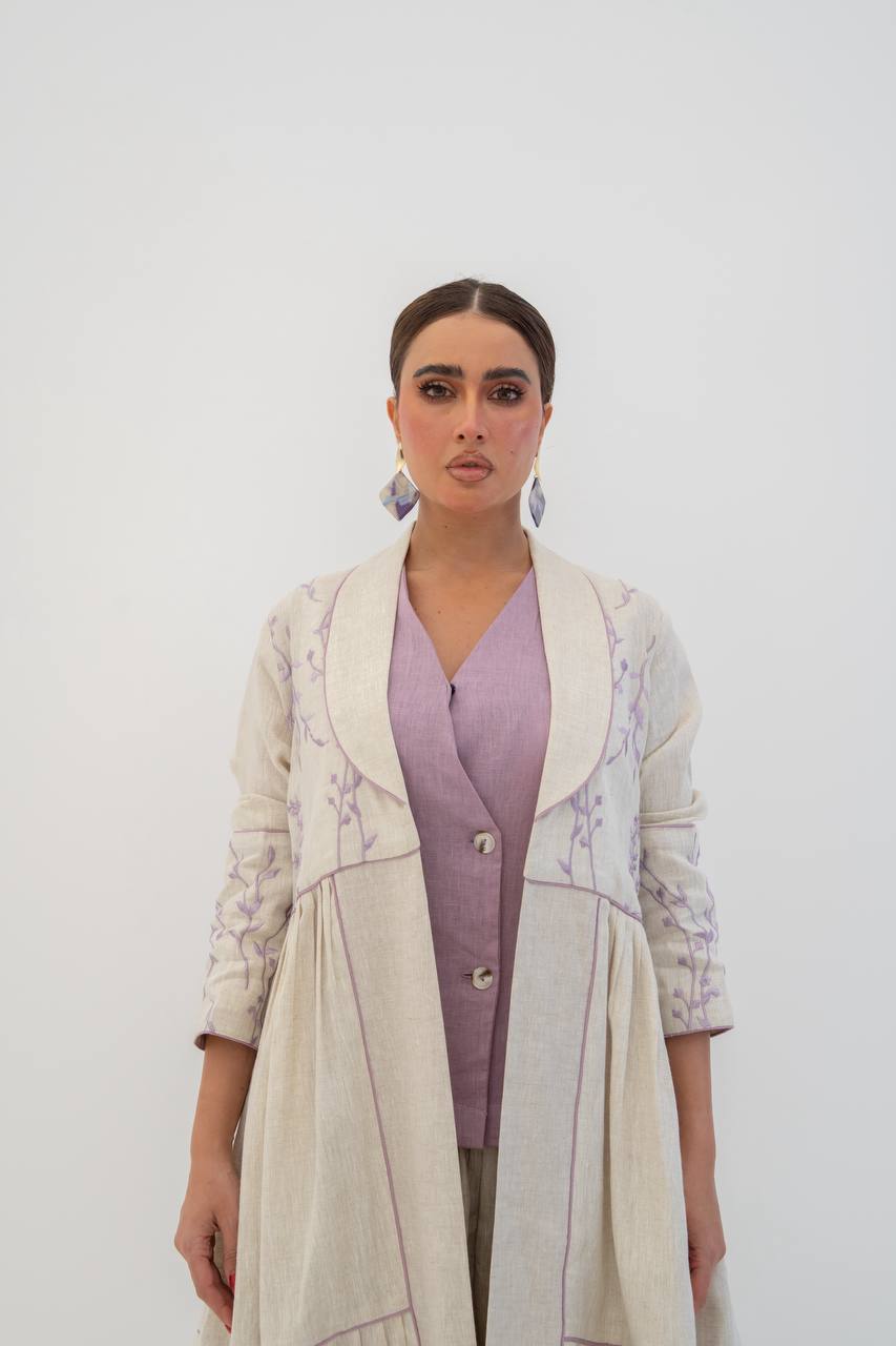 Beige linen abaya with embroidery. C:6786
