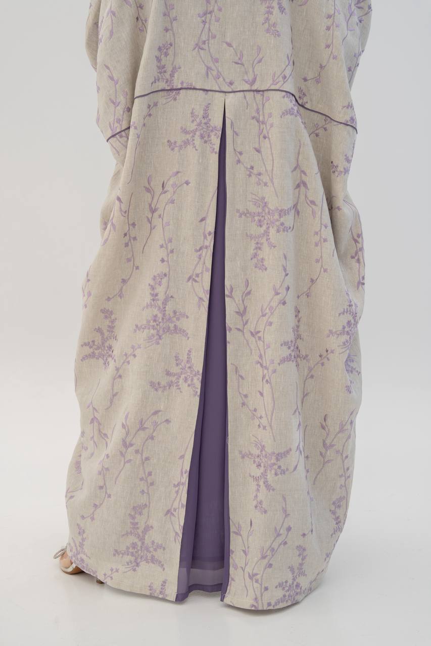 Beige linen abaya with embroidery. C:6784