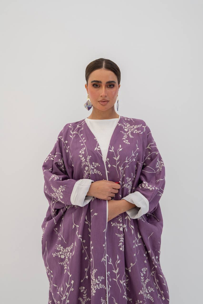 Linen abaya in purple with embroidery. C:6784
