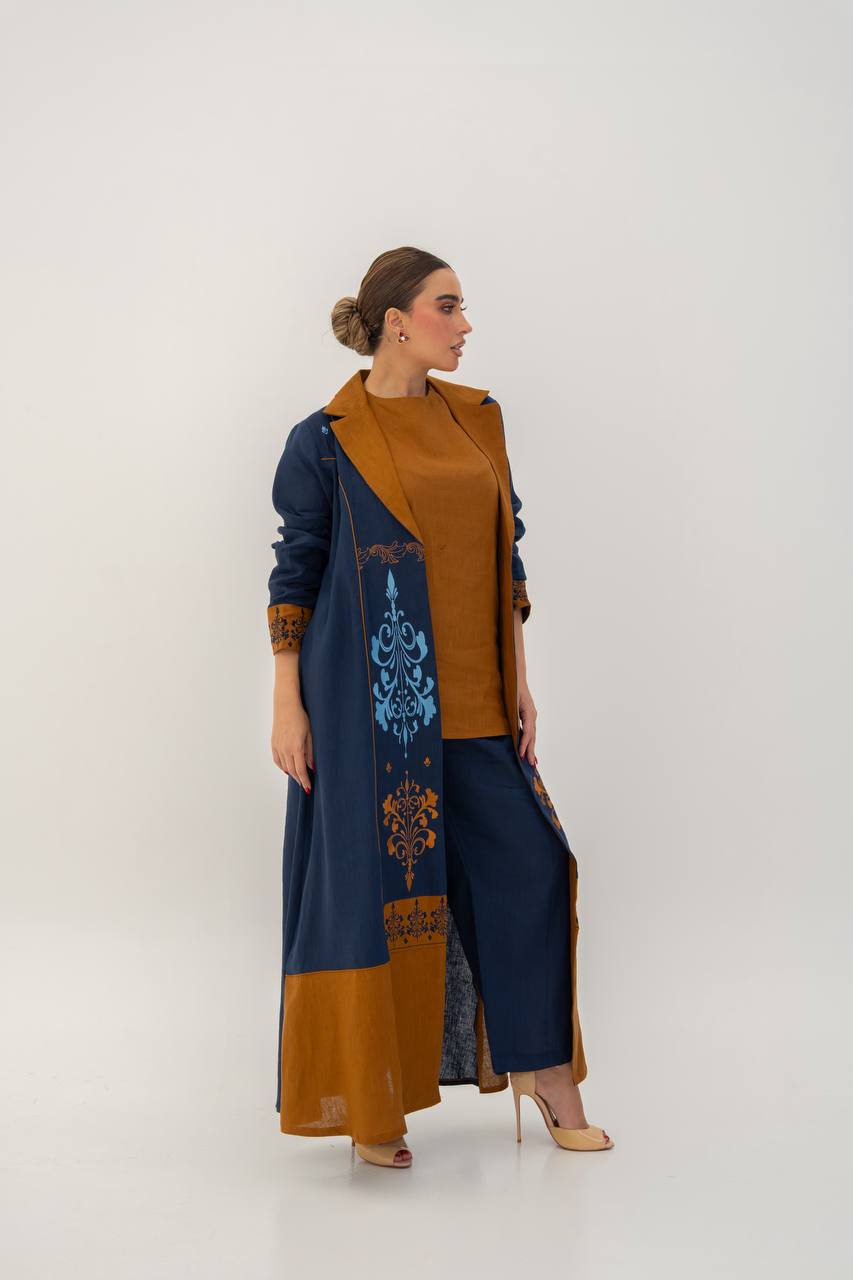 Linen abaya in navy blue with embroidery.C:6783