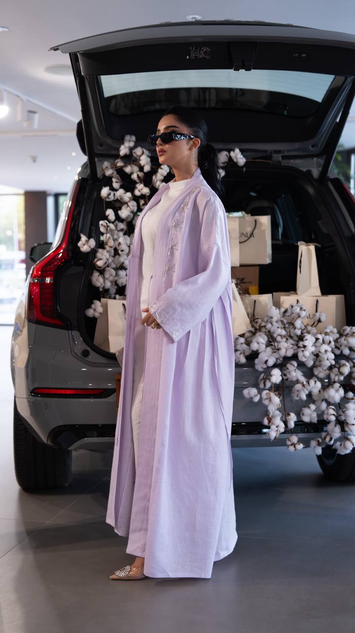 Light purple linen abaya with hand-stitched details. C:6790