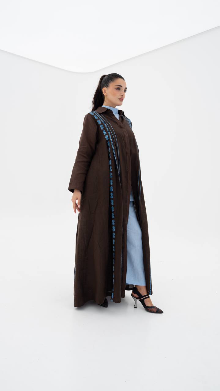 Linen abaya in brown with embroidery.C:6683