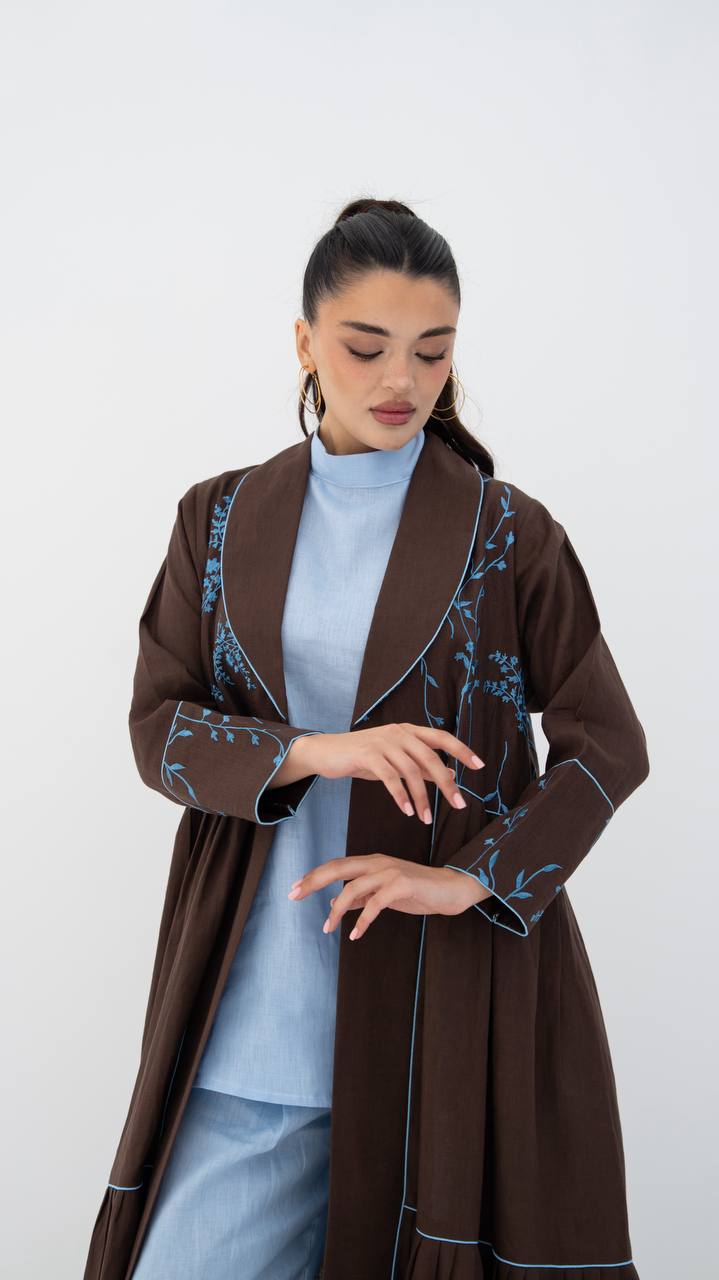 Beige linen abaya with embroidery.C:6786