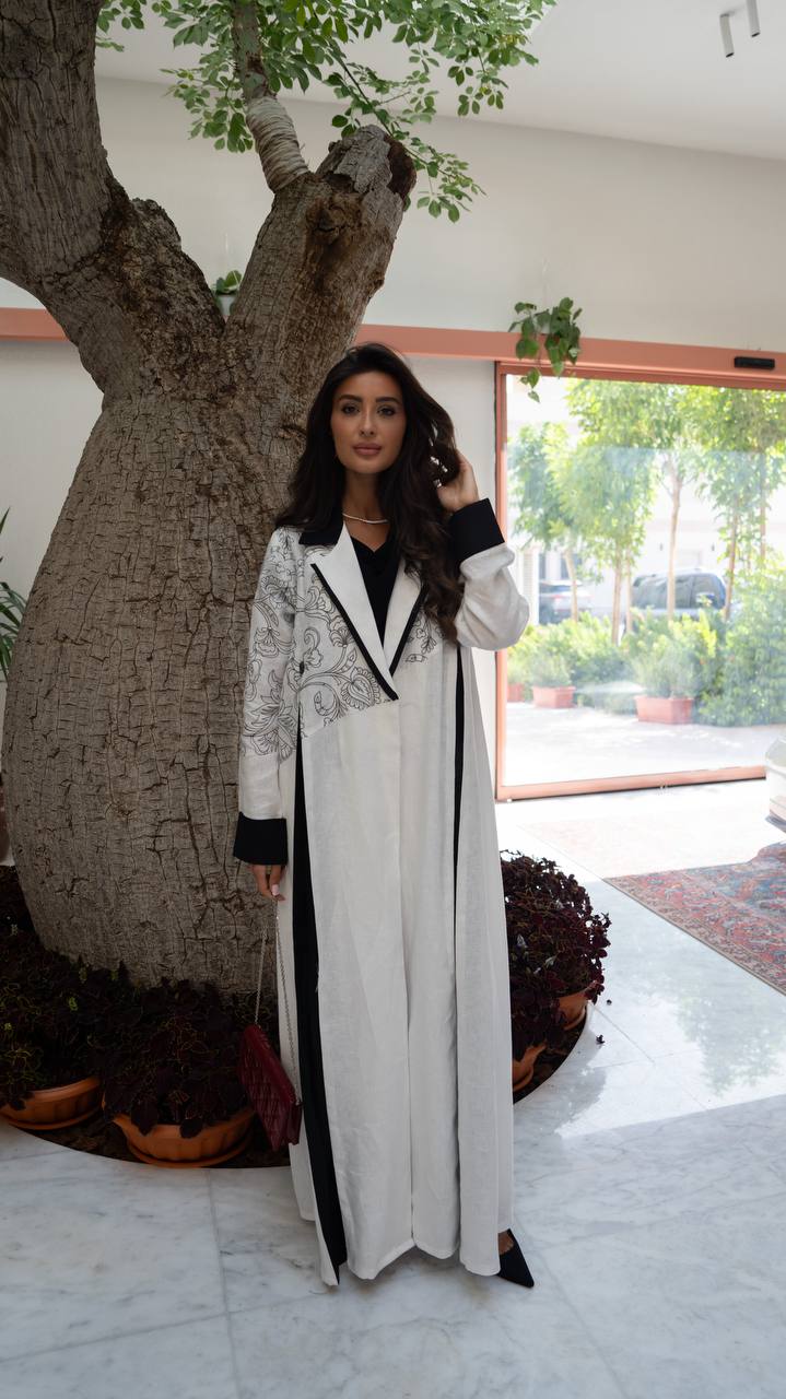 White linen blazer abaya with embroidery.C:6793