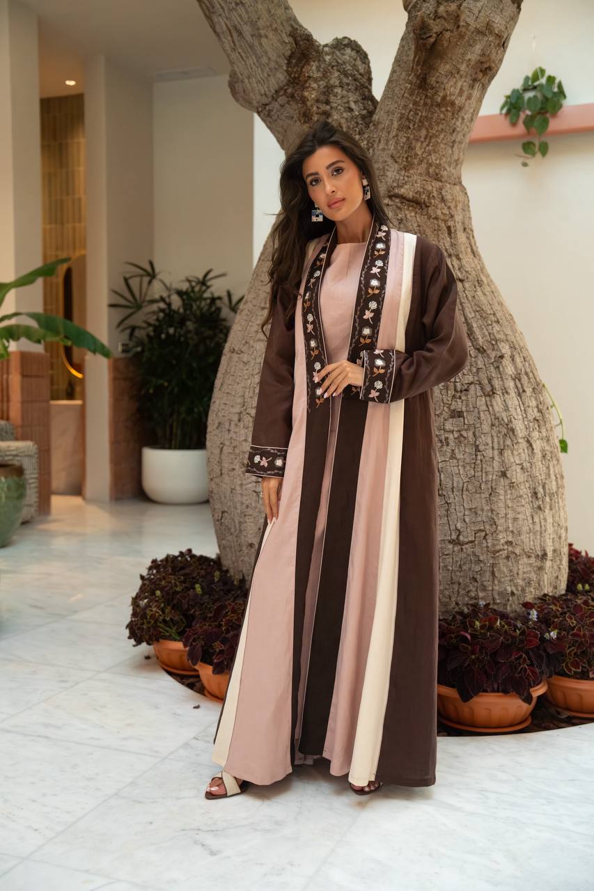 Linen abaya in brown with embroidery.C:6799