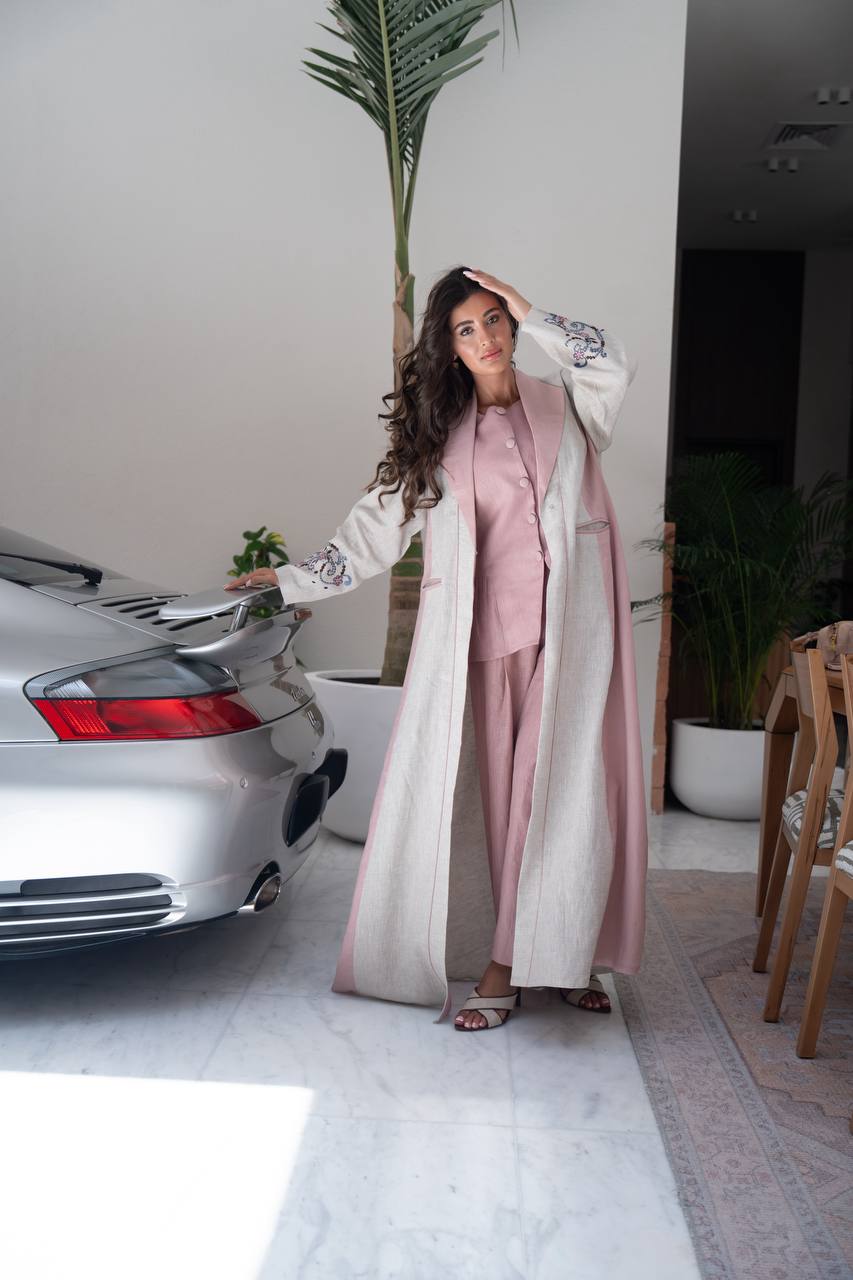 Beige linen blazer abaya with embroidery.C:6800