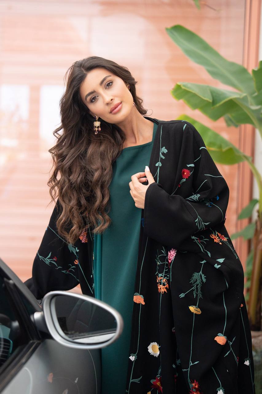 Black linen abaya with embroidery.C:6802