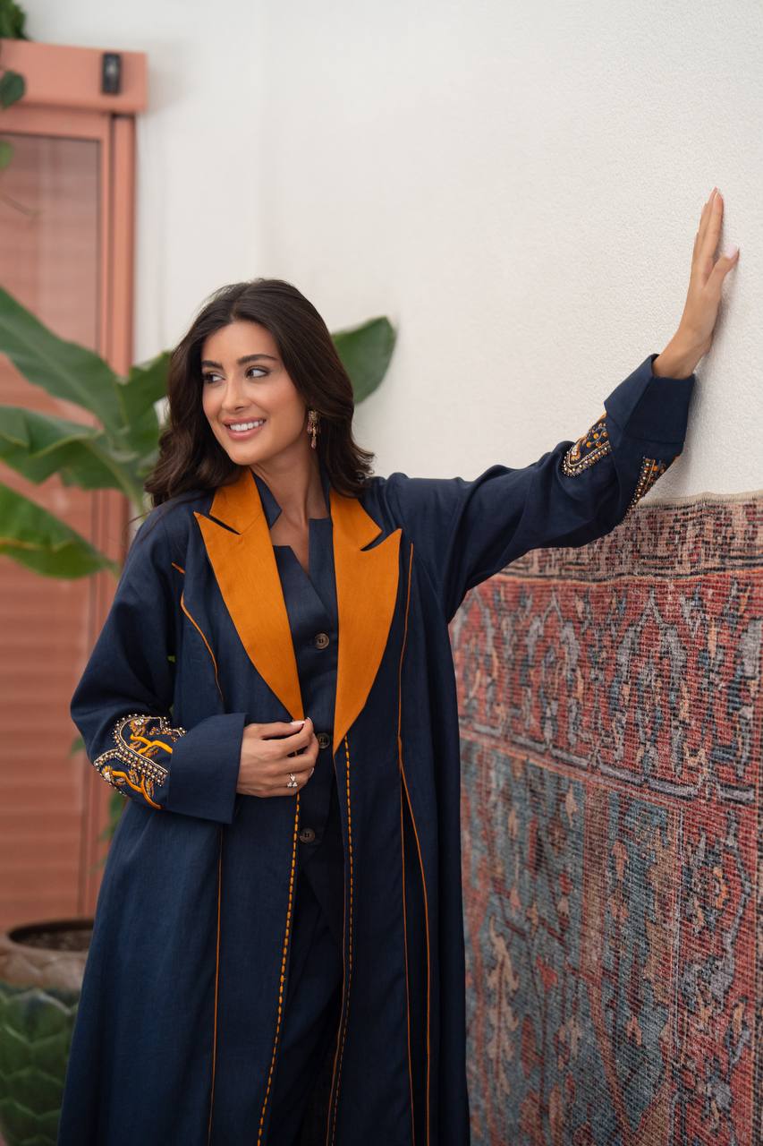 Navy blue linen blazer abaya with hand-stitched details.C:6804