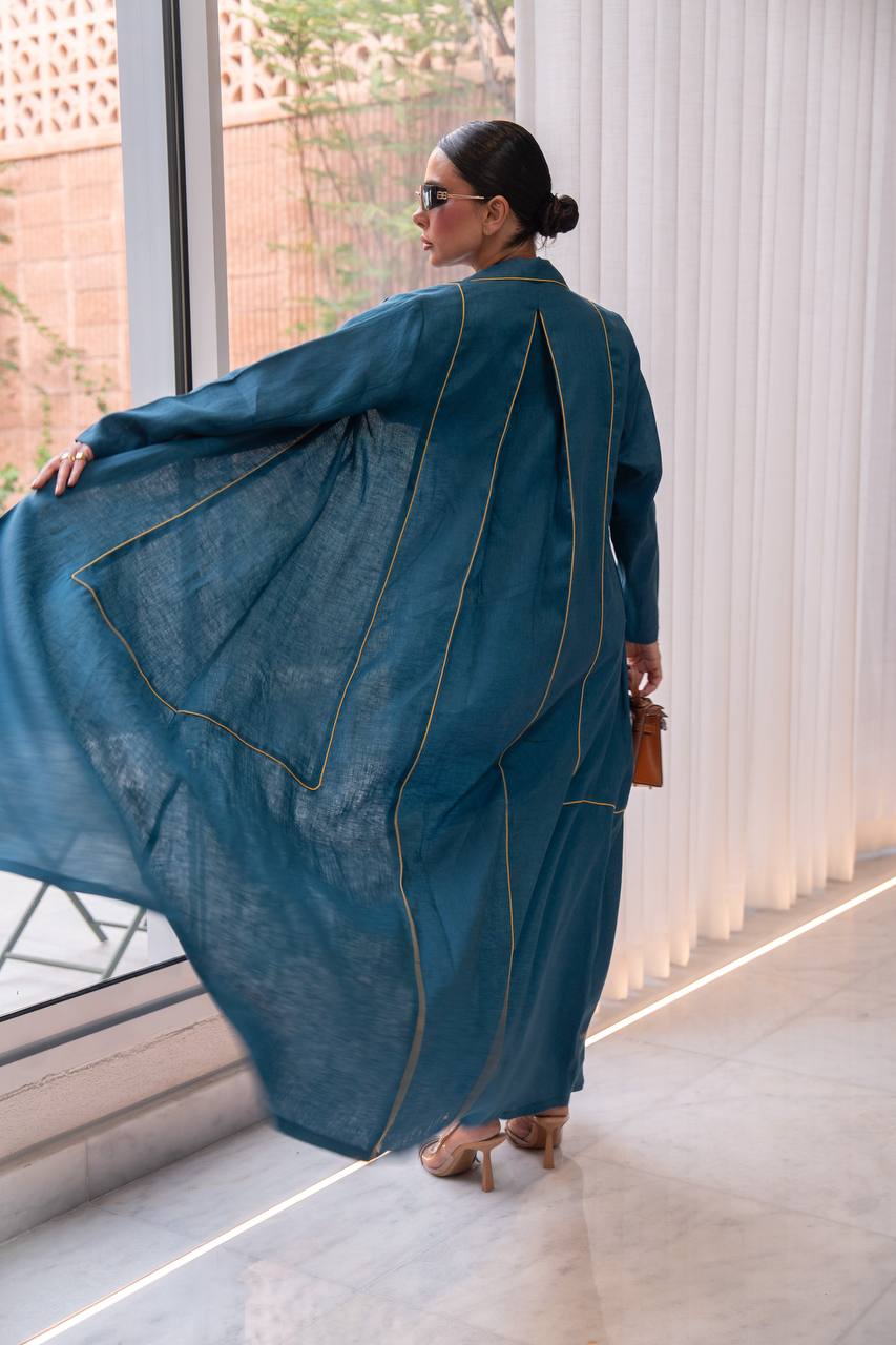 Turquoise linen abaya.C:6805