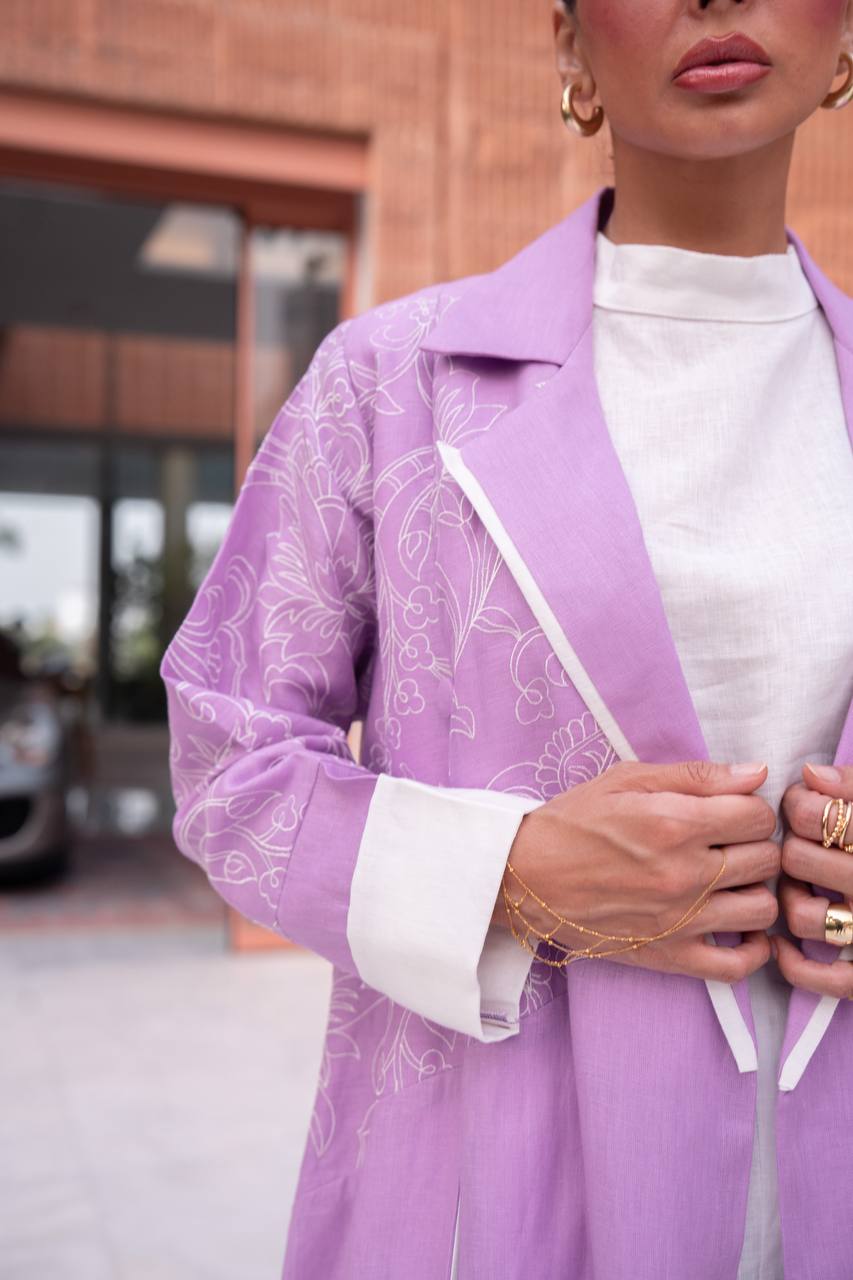 Purple linen blazer abaya with embroidery. C:6793