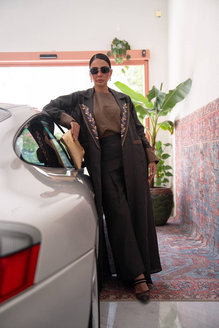 Black linen blazer abaya with embroidery.C:6806