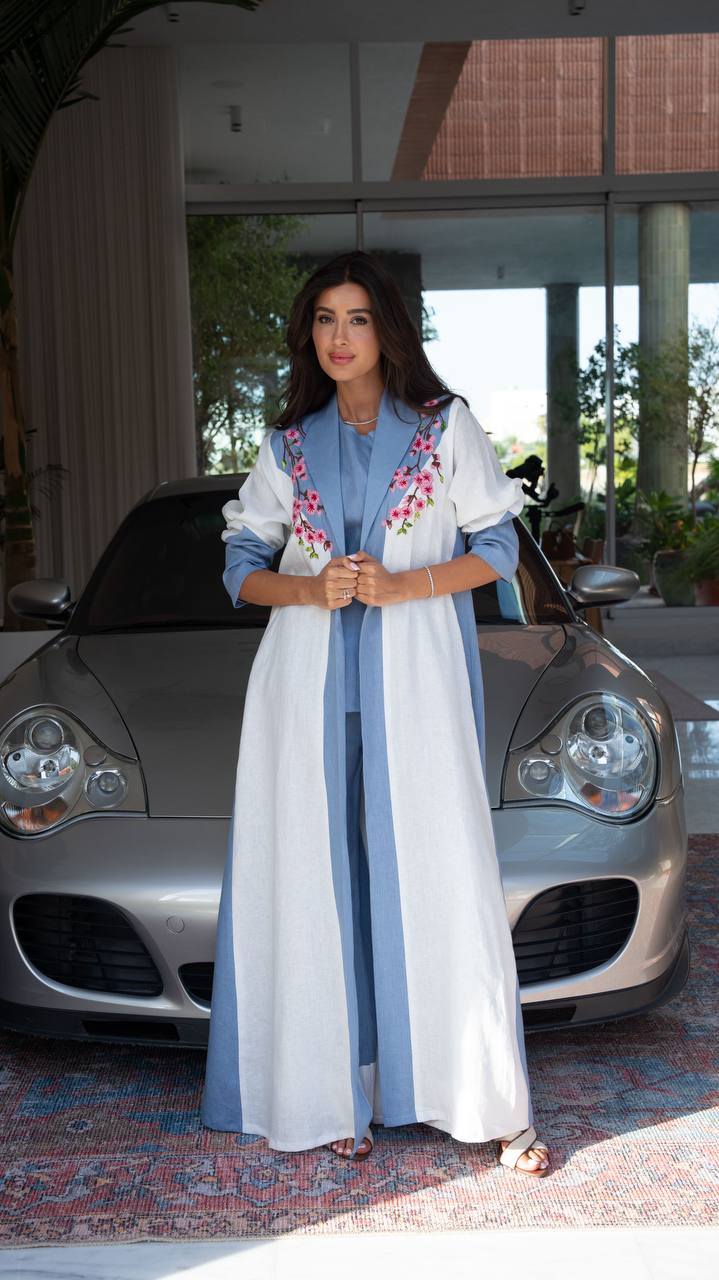 Blue and white linen blazer abaya with embroidery.C:6807