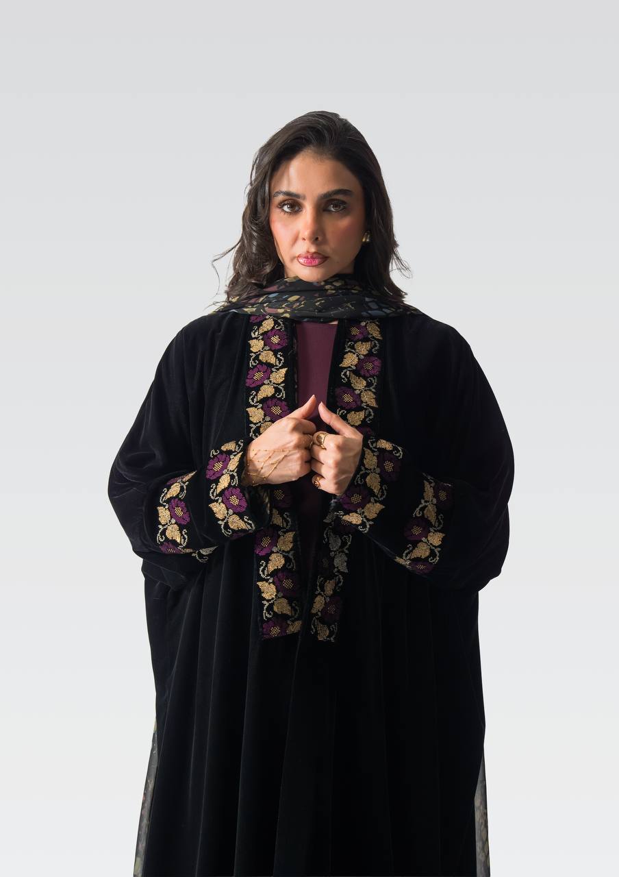 Black velvet bisht with embroidery.C:6833