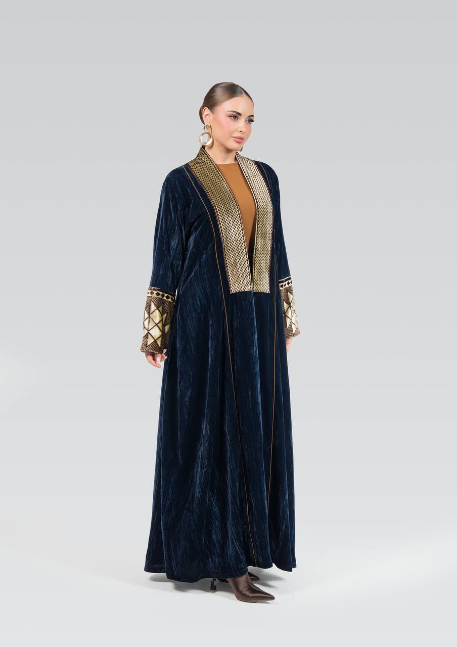 Navy blue velvet abaya with beadwork and embroidery.C:6839