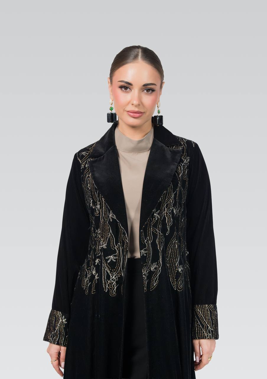 Black velvet abaya with embroidery and hand-beading.C:6840