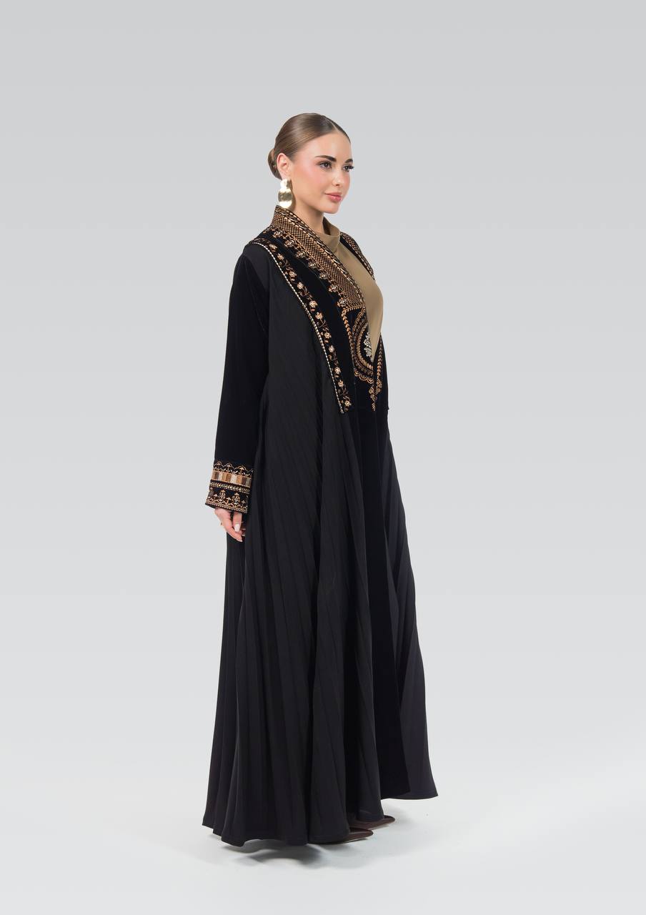 Velvet and crepe abaya with embroidery.C:6841 Brown